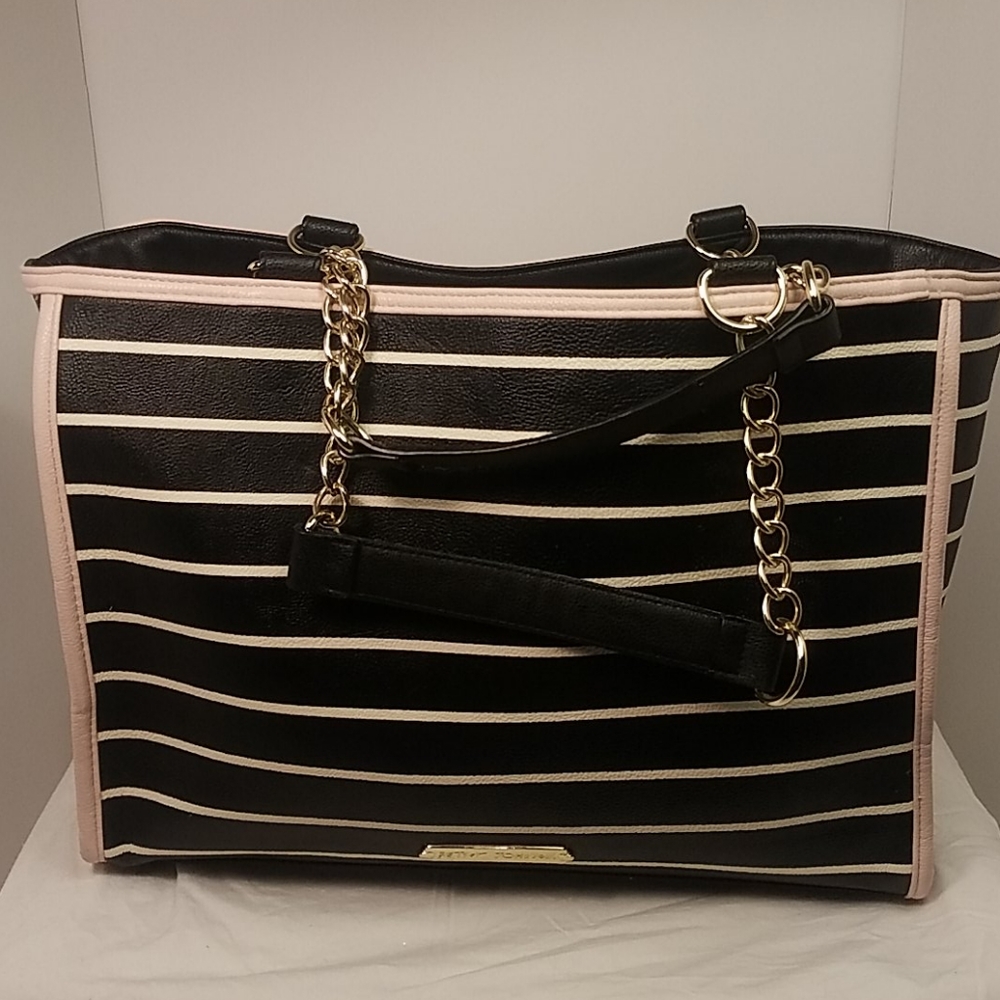 Betsey Johnson stripe blk/wht w pink trim Tote
